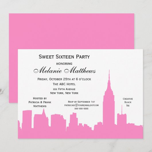 Roze witte NYC Skyline Silhouette Sweet Sixteen Kaart (Voorkant / Achterkant)