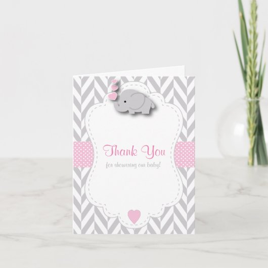 Roze, witte olifant 🐘 Baby shower Dank u wel Bedankkaart (Voorkant)