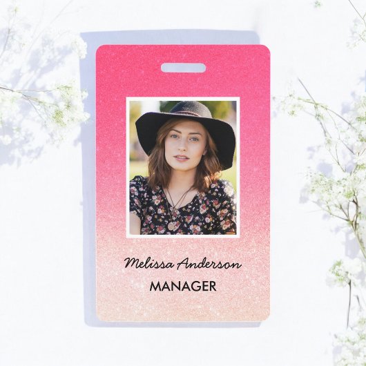 Roze Witte Ombre Glitter Personeel Foto Badge