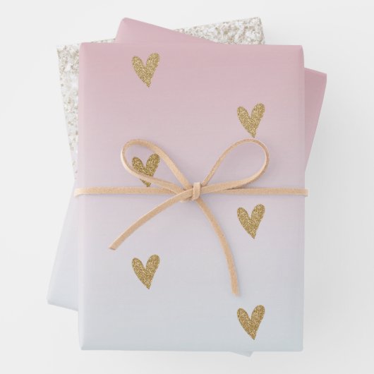 Roze witte ombre Gold Glitter Heart Inpakpapier Vel (In situ)