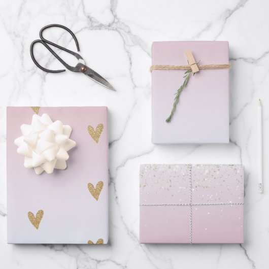 Roze witte ombre Gold Glitter Heart Inpakpapier Vel (Voorkant)