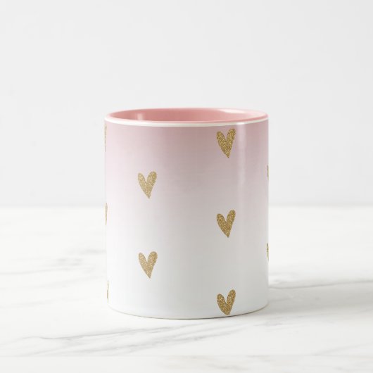 Roze witte ombre Gold Glitter Heart Tweekleurige Koffiemok (Center)