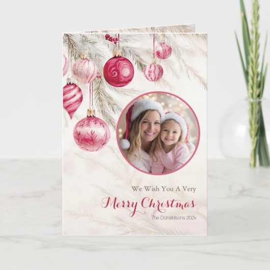 Roze Witte Ornamenten Foto Kerst Kaart (Voorkant)