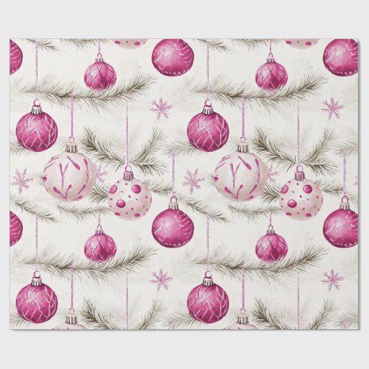 Roze Witte  Ornamenten Kerst Cadeaupapier (Vlak)