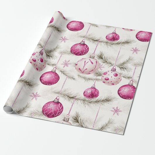Roze Witte  Ornamenten Kerst Cadeaupapier (Uitgerold)
