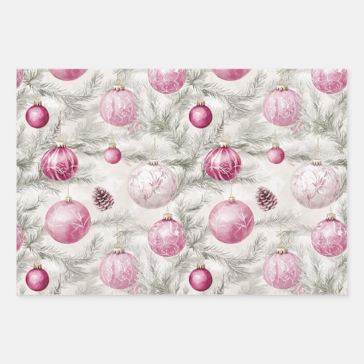 Roze Witte Ornamenten Kerst Inpakpapier Vel (Voorkant 3)