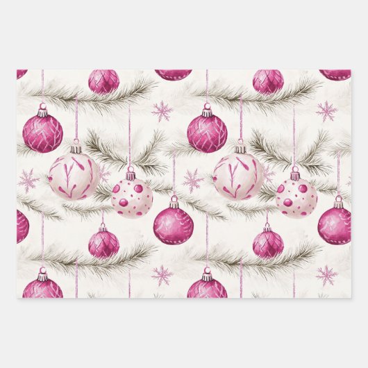 Roze Witte Ornamenten Kerst Inpakpapier Vel (Voorkant)