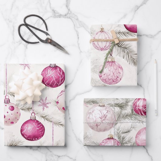 Roze Witte  Ornamenten Kerst Inpakpapier Vel (Voorkant)