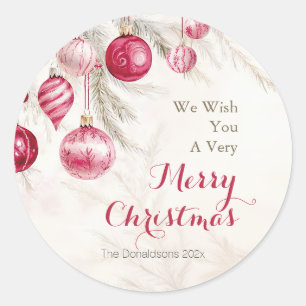 Roze Witte Ornamenten Kerst Ronde Sticker