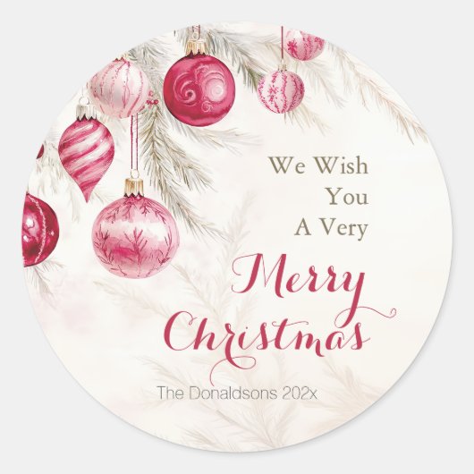 Roze Witte Ornamenten Kerst Ronde Sticker (Voorkant)