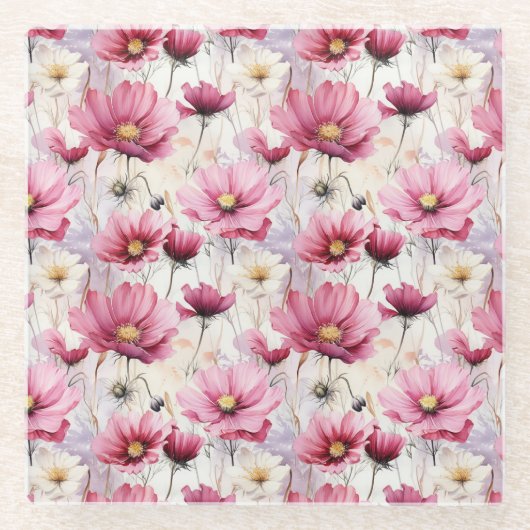  ROZE & WITTE PAPAVER ANEMONENBLOEMEN GLAZEN ONDERZETTER (Voorkant)