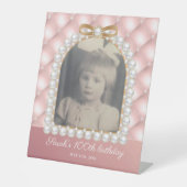 Roze witte parels 100e verjaardag  foto reclamebord met voetstuk (Voorkant)