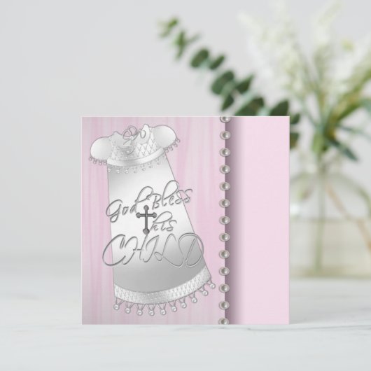 Roze witte parels Doop uitnodiging meisje (Staand voorkant)