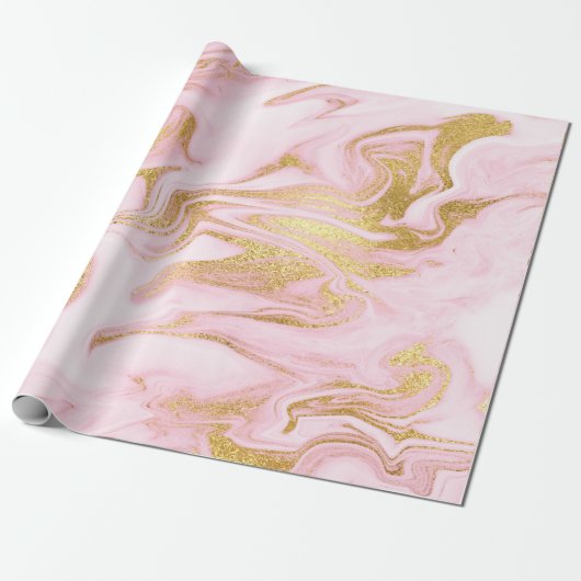 Roze witte pasta Marble Shiny Golden Brushes Cadeaupapier (Uitgerold)