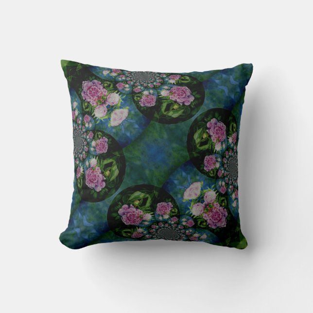 Roze witte pioen floral waterverf mandala kussen (Voorkant)