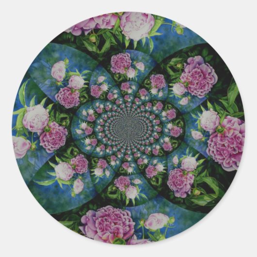 Roze witte pioen floral waterverf mandala ronde sticker (Voorkant)
