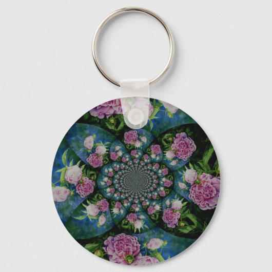 Roze witte pioen floral waterverf mandala sleutelhanger (Voorkant)