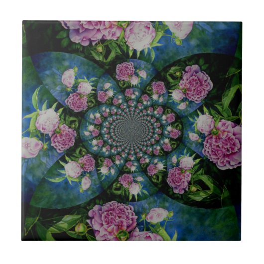 Roze witte pioen floral waterverf mandala tegeltje (Voorkant)