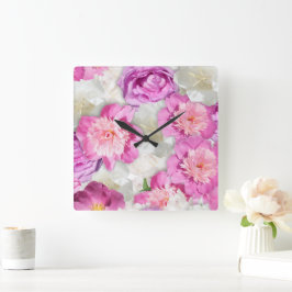 Roze Witte Pioen Roos - Romantische Bloemen Vierkante Klok