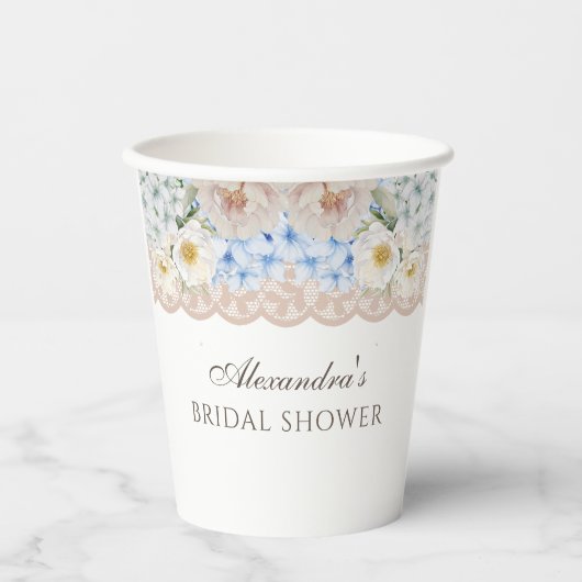 Roze Witte Pioenblauwe Hydrangea Vrijgezellenfeest Papieren Bekers (Voorkant)