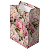 Roze & Witte Pioenbloem Patroon Medium Cadeauzakje (Voorkant Gekanteld)