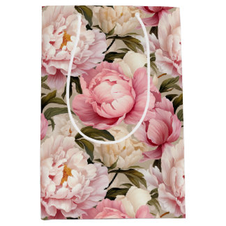 Roze & Witte Pioenbloem Patroon Medium Cadeauzakje