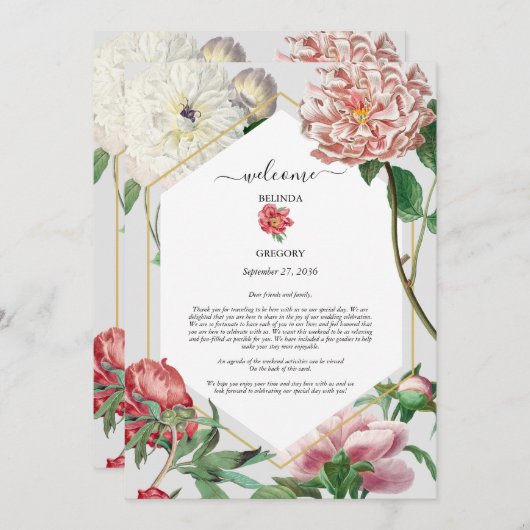 Roze Witte Pioenen Bloemen Bruiloft Route Programmakaart (Voorkant / Achterkant)