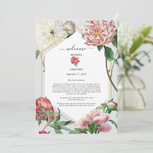 Roze Witte Pioenen Bloemen Bruiloft Route Programmakaart (Staand voorkant)