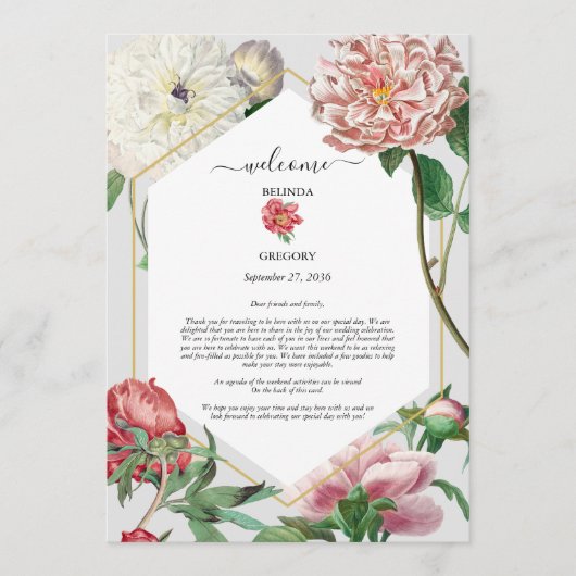 Roze Witte Pioenen Bloemen Bruiloft Route Programmakaart (Voorkant)