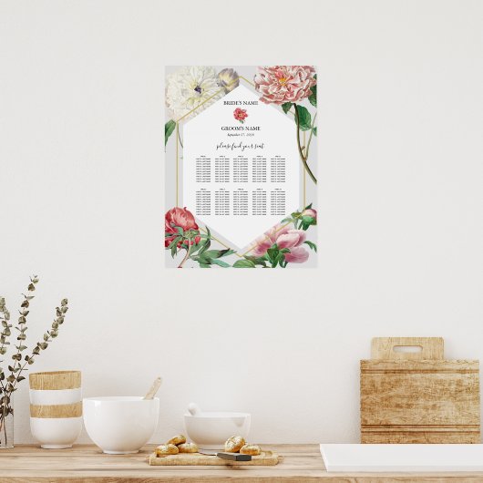 Roze Witte Pioenen Bloemen Bruiloft Zitkaarten Poster (Keuken)