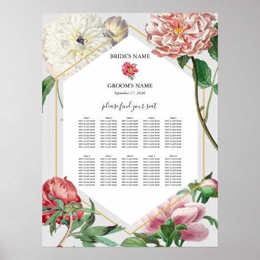 Roze Witte Pioenen Bloemen Bruiloft Zitkaarten Poster (Voorkant)