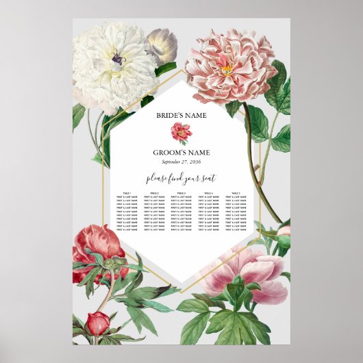 Roze Witte Pioenen Bloemen Bruiloft Zitkaarten Poster (Voorkant)