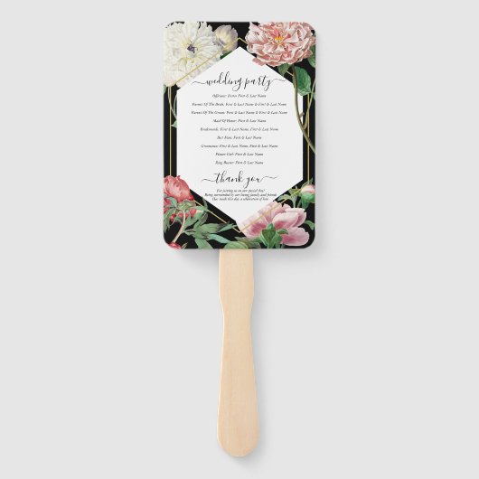 Roze Witte Pioenen Bloemen Bruiloft Zwart Programm Handwaaier (Achterkant)