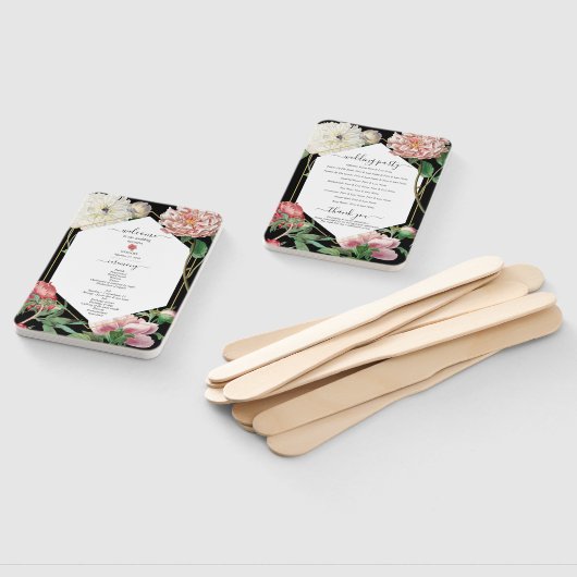 Roze Witte Pioenen Bloemen Bruiloft Zwart Programm Handwaaier (Niet-gemonteerd)