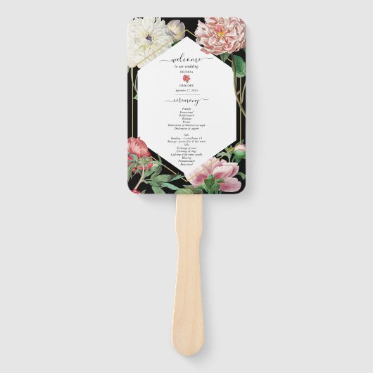 Roze Witte Pioenen Bloemen Bruiloft Zwart Programm Handwaaier (Voorkant)