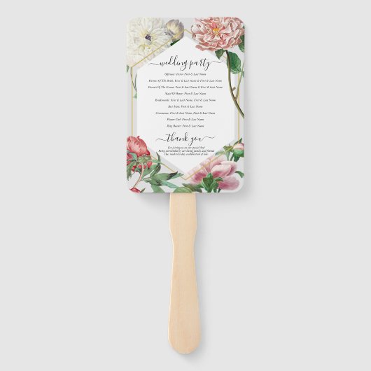 Roze Witte Pioenen Bloemen Trouwprogramma Handwaaier (Achterkant)