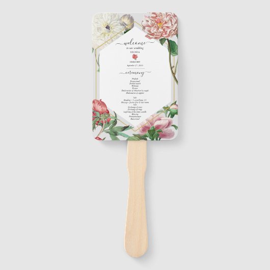 Roze Witte Pioenen Bloemen Trouwprogramma Handwaaier (Voorkant)
