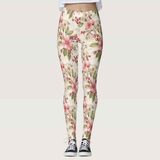 Roze, witte poinsettia's, groen en rode bessen leggings (Voorkant)