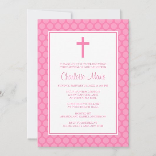 Roze witte poka dot Cross Baptisme Christening Kaart (Voorkant)