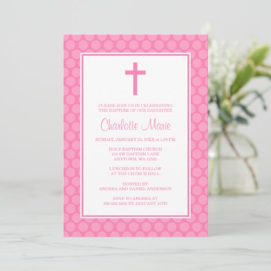 Roze witte poka dot Cross Baptisme Christening Kaart (Staand voorkant)