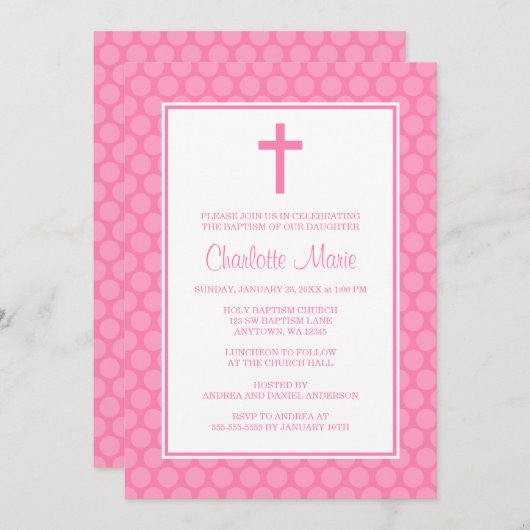 Roze witte poka dot Cross Baptisme Christening Kaart (Voorkant / Achterkant)