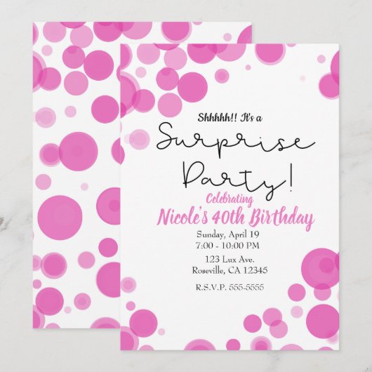 Roze & Witte Polka Dot Bubbles Verrassingsfeest Kaart (Voorkant / Achterkant)
