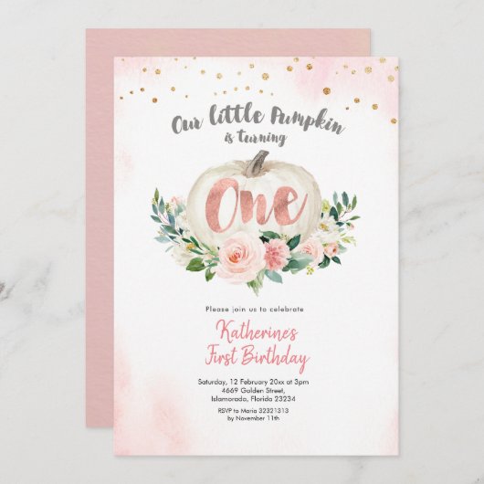 Roze witte pompoen Eerste Birthday Uitnodiging (Voorkant / Achterkant)