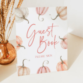 Roze Witte Pompoen Herfst Herfst Gastboek Reclamebord Met Voetstuk