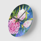Roze witte pony schilderij | romantische bloem ronde klok (Hoek)