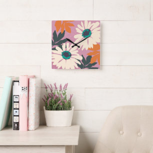 Roze witte Pop Daisies artistieke Floral Vierkante Klok