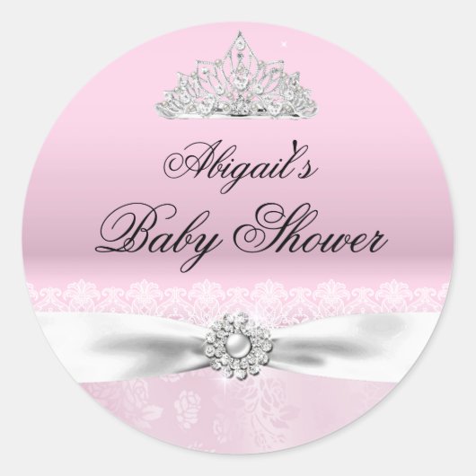Roze & Witte Prinses Tiara Baby Shower Sticker (Voorkant)