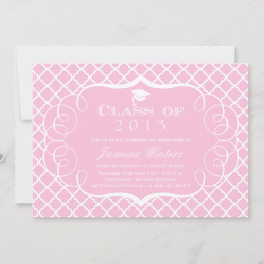 Roze + witte quatrefolie afstuderen aankondiging (Voorkant)