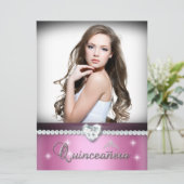 Roze witte Quinceanera 15 Faux Diamond Foto Kaart (Staand voorkant)