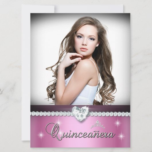 Roze witte Quinceanera 15 Faux Diamond Foto Kaart (Voorkant)